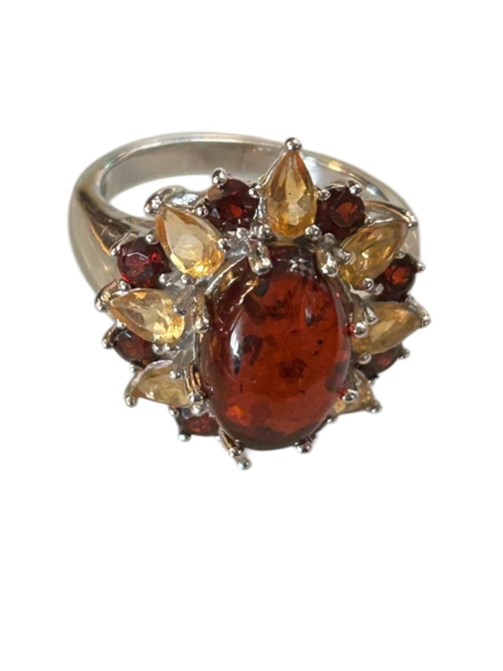 Vintage Baltic Amber Citrine & Garnet Sterling Silver Cocktail Ring - Picture 2 of 15